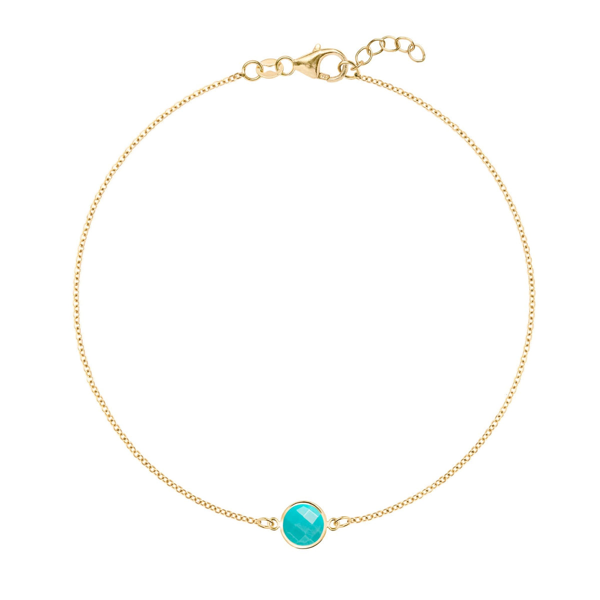 Grand 1.17 mm cable chain bracelet in 14k yellow gold featuring one 6 mm briolette cut bezel set turquoise - front view