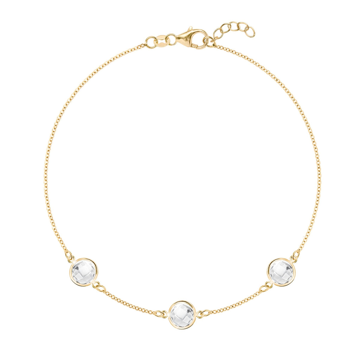 3 Grand 1.17 mm cable chain bracelet in 14k yellow gold featuring three briolette cut bezel set 6 mm gemstones - front view