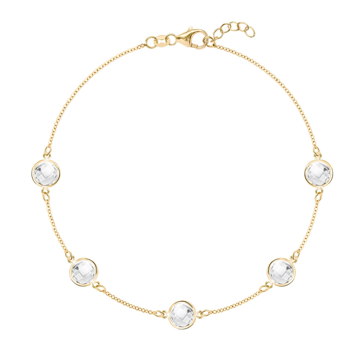 Grand 1.17 mm cable chain bracelet in 14k yellow gold featuring five 6 mm briolette cut bezel set gemstones - front view