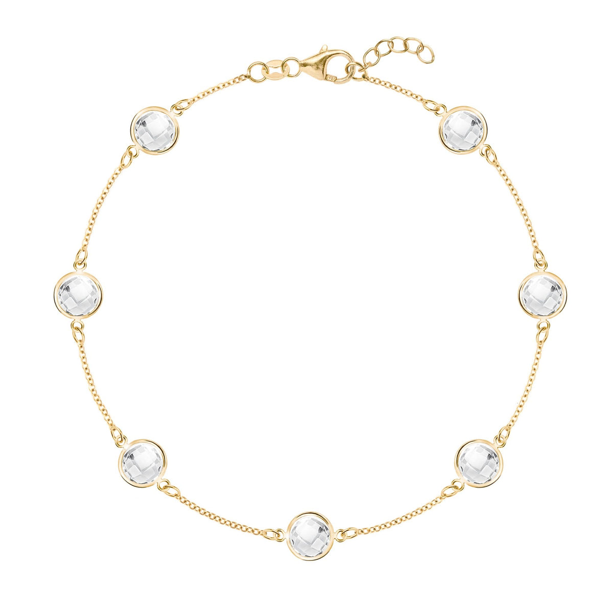 Grand 14k yellow gold bracelet featuring seven 6 mm briolette cut bezel set white topaz - front view