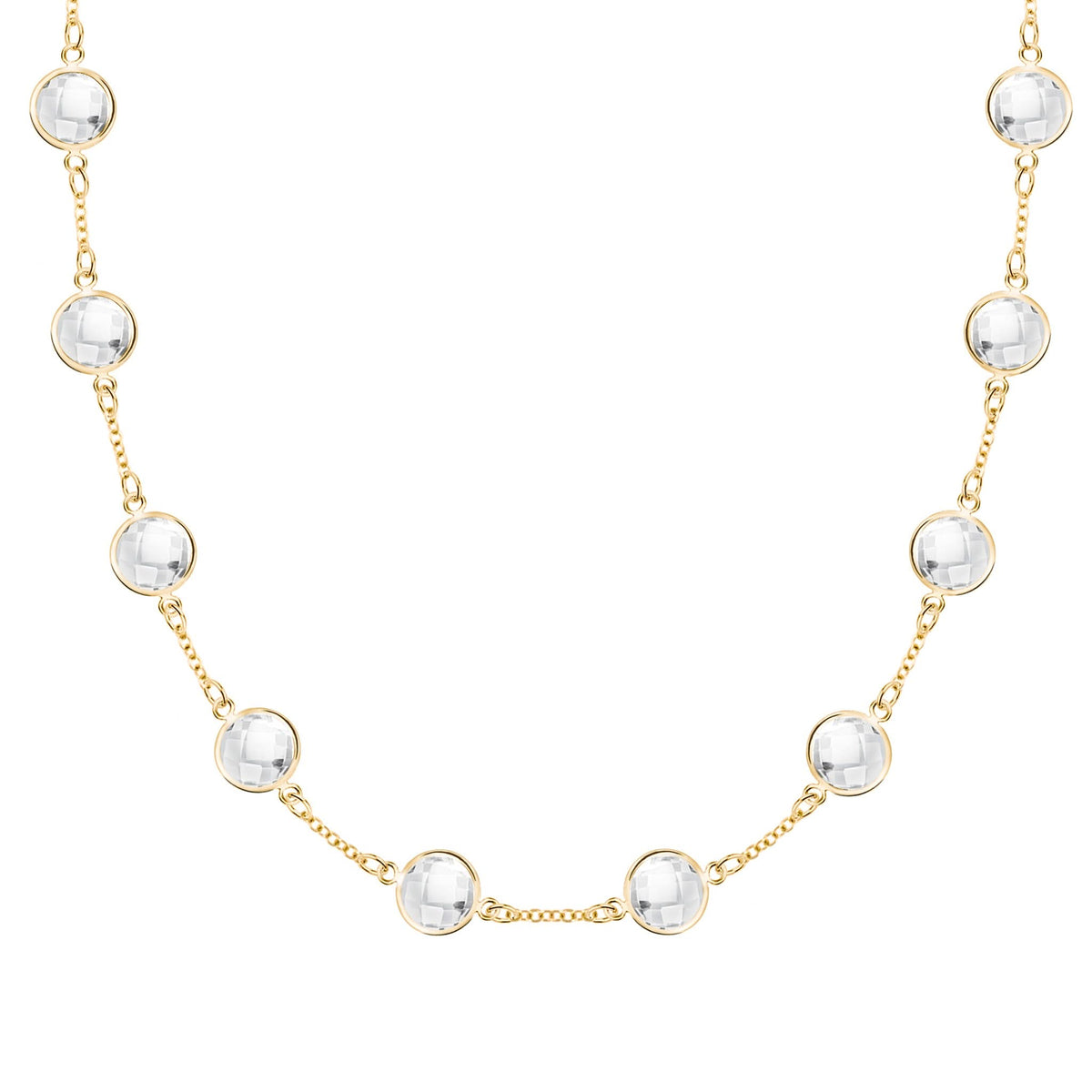 Grand 14k yellow gold 1.17 mm cable chain necklace featuring ten 6 mm briolette cut bezel set gemstones - front view
