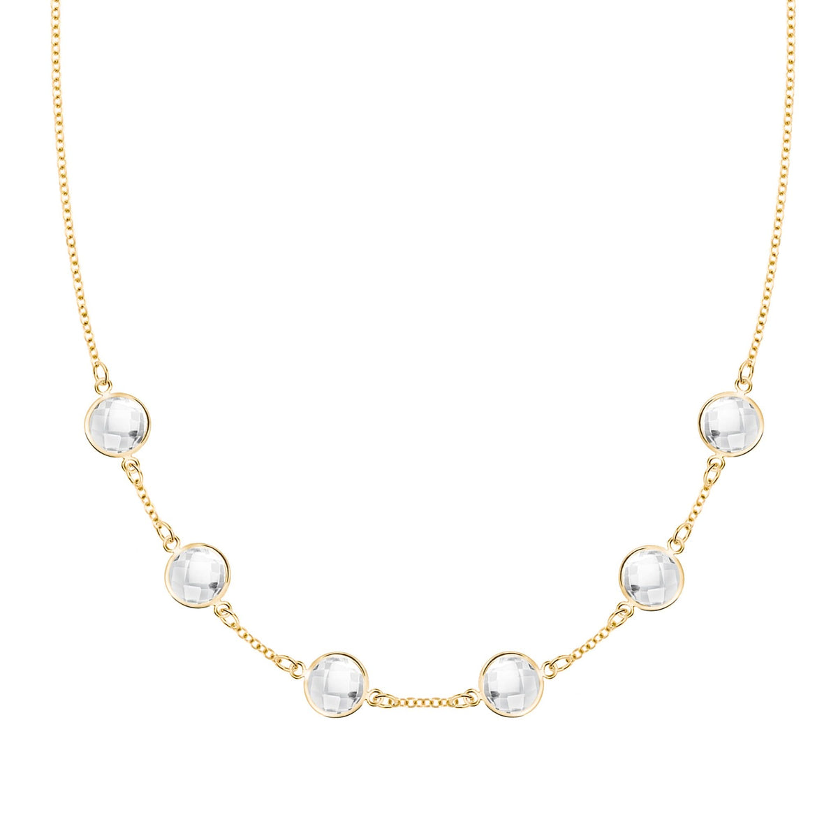 Grand 14k yellow gold 1.17 mm cable chain necklace featuring six 6 mm briolette cut bezel set gemstones - front view