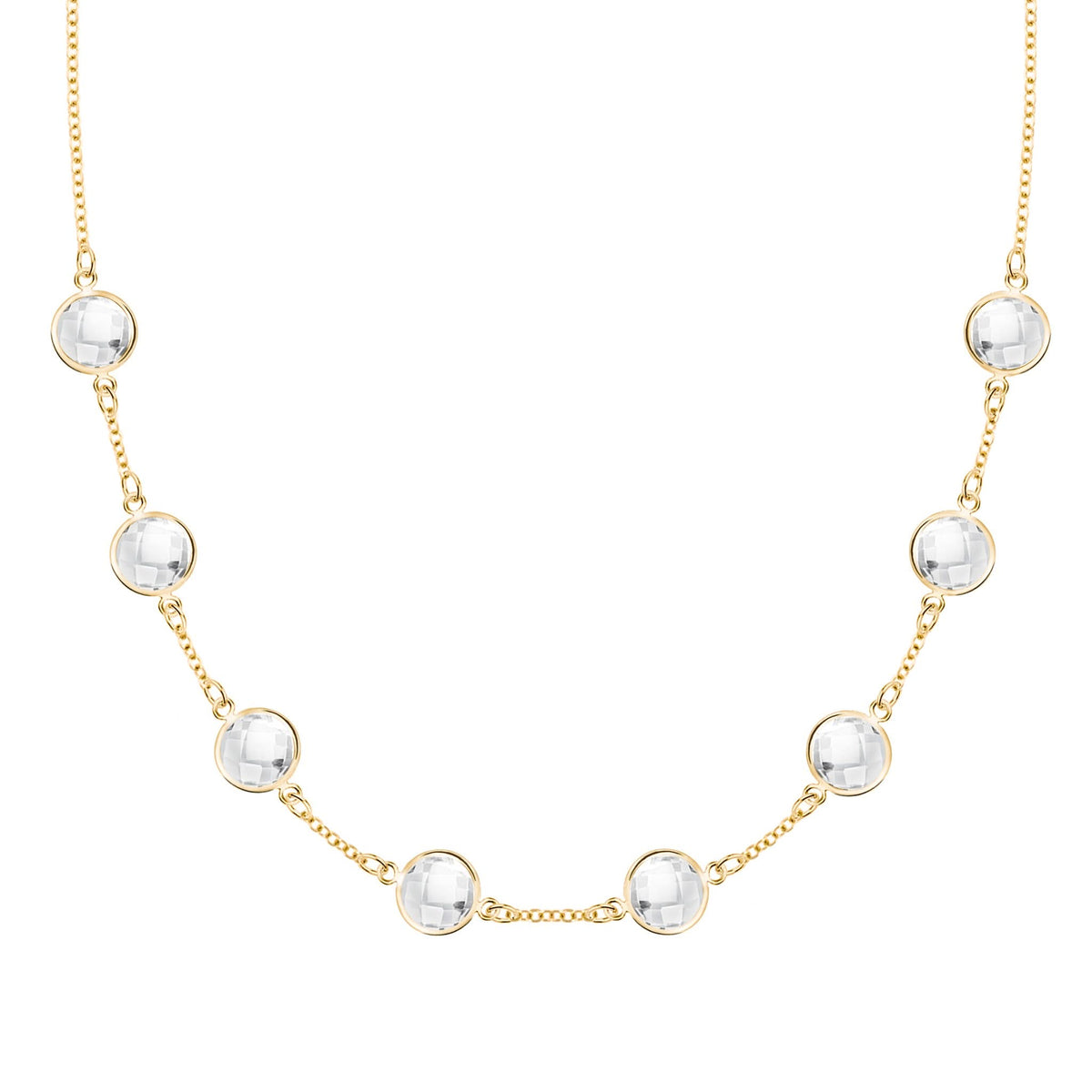 Grand 14k yellow gold 1.17 mm cable chain necklace featuring eight 6 mm briolette cut bezel set gemstones - front view