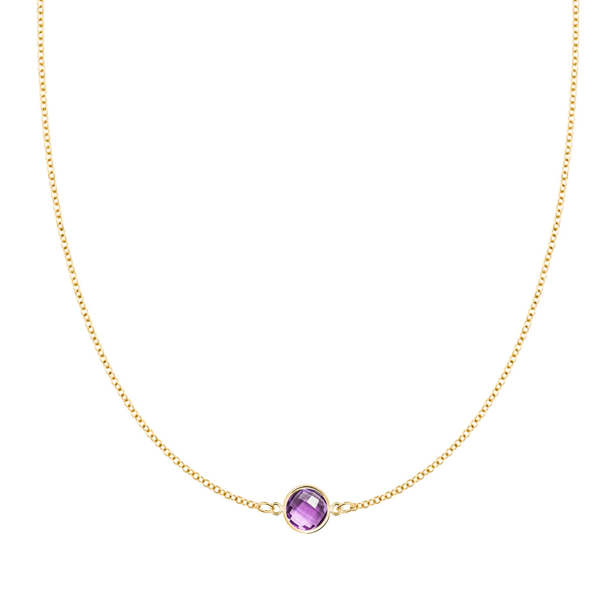 Grand 14k yellow gold 1.17 mm cable chain necklace featuring one 6 mm briolette cut bezel set amethyst - front view