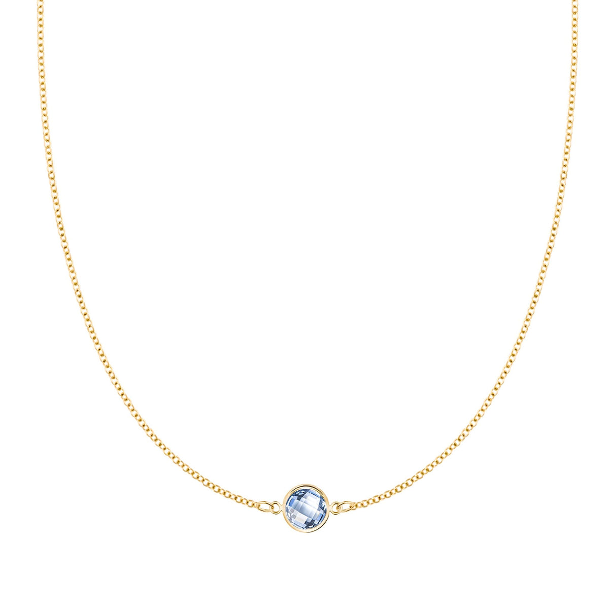 Grand 14k yellow gold 1.17 mm cable chain necklace featuring one 6 mm briolette cut bezel set aquamarine - front view