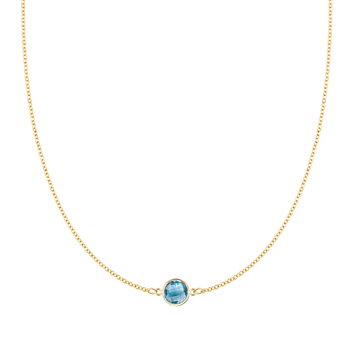 Grand 14k gold 1.17 mm cable chain necklace featuring one 6 mm briolette cut bezel set Nantucket blue topaz - front view