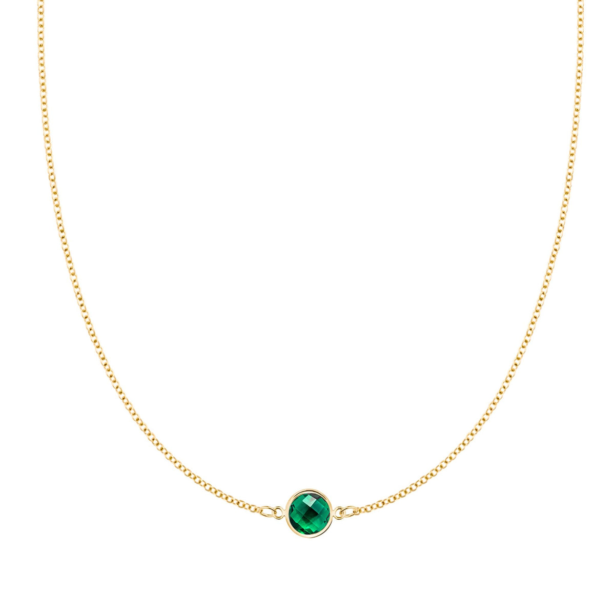 Grand 14k yellow gold 1.17 mm cable chain necklace featuring one 6 mm briolette cut bezel set emerald - front view