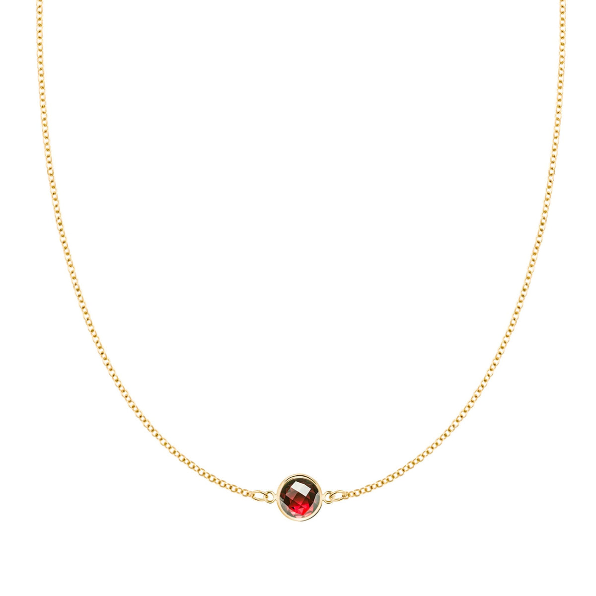 Grand 14k yellow gold 1.17 mm cable chain necklace featuring one 6 mm briolette cut bezel set garnet - front view