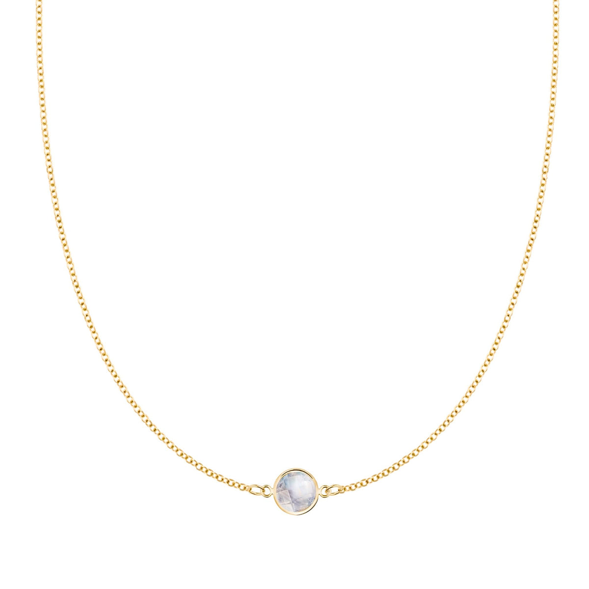 Grand 14k yellow gold 1.17 mm cable chain necklace featuring one 6 mm briolette cut bezel set moonstone - front view