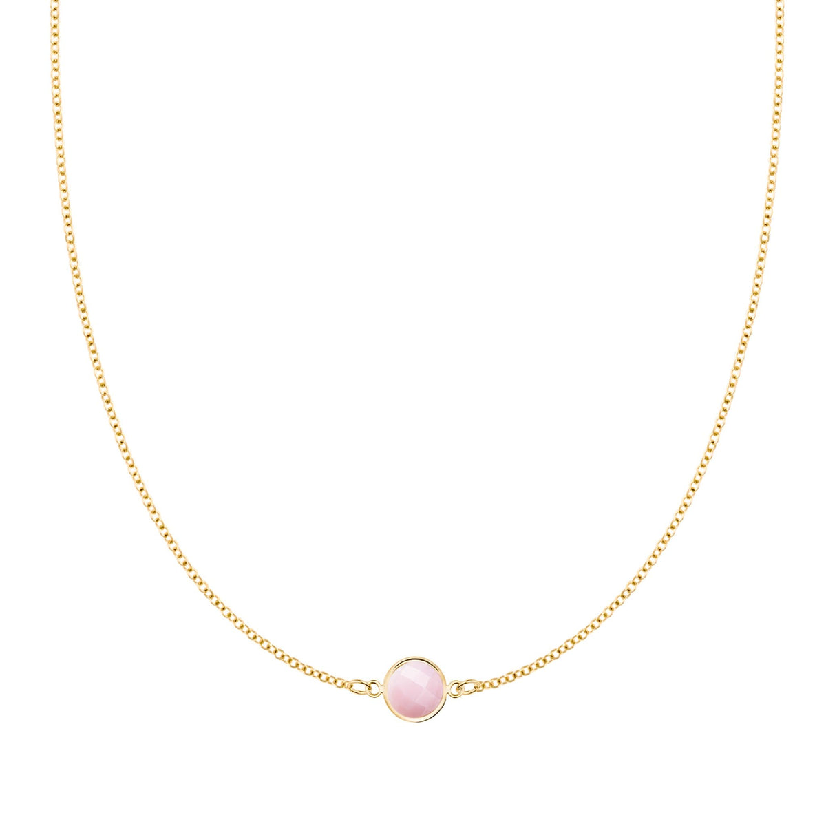 Grand 14k yellow gold 1.17 mm cable chain necklace featuring one 6 mm briolette cut bezel set pink opal - front view