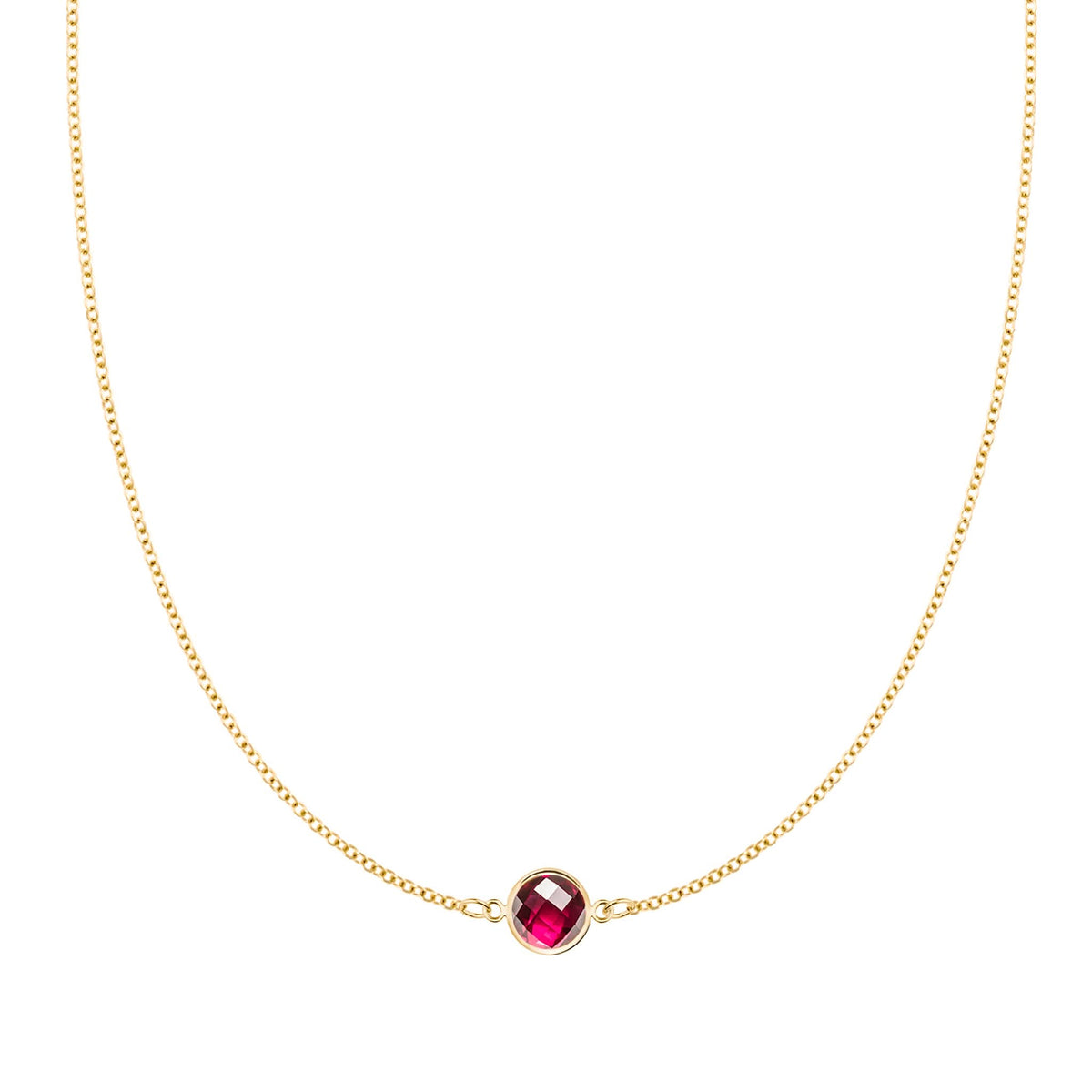 Grand 14k yellow gold 1.17 mm cable chain necklace featuring one 6 mm briolette cut bezel set ruby - front view