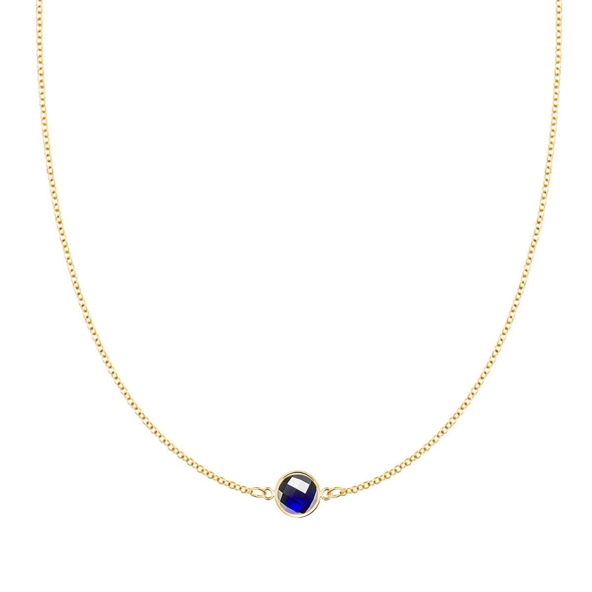 Grand 14k yellow gold 1.17 mm cable chain necklace featuring one 6 mm briolette cut bezel set sapphire - front view