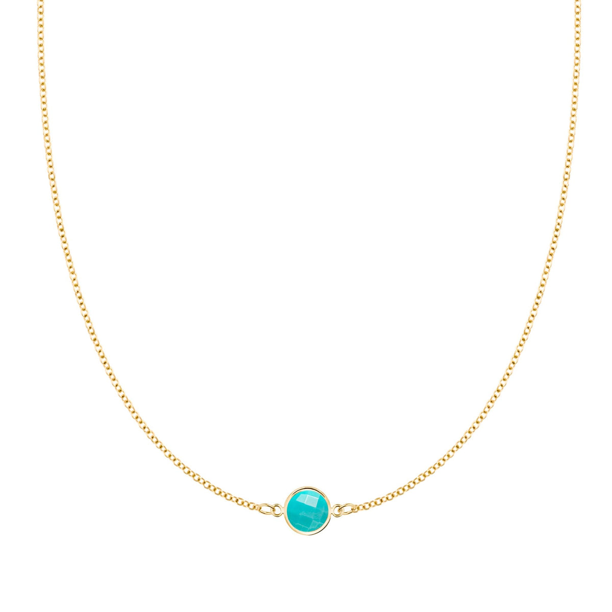Grand 14k yellow gold 1.17 mm cable chain necklace featuring one 6 mm briolette cut bezel set turquoise - front view