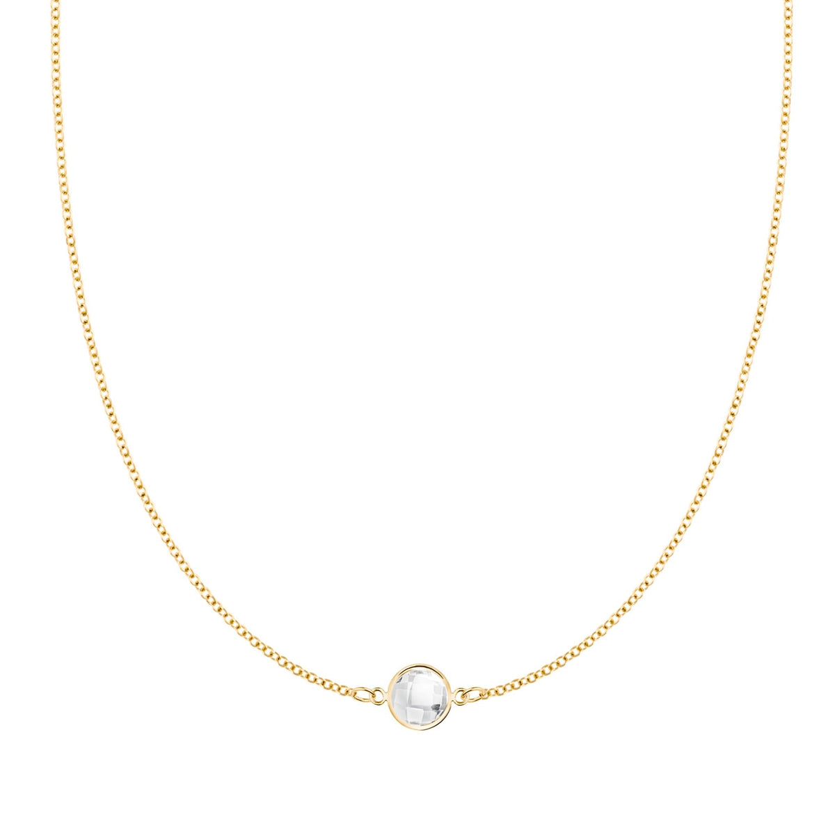 Grand 14k yellow gold 1.17 mm cable chain necklace featuring one 6 mm briolette cut bezel set white topaz - front view