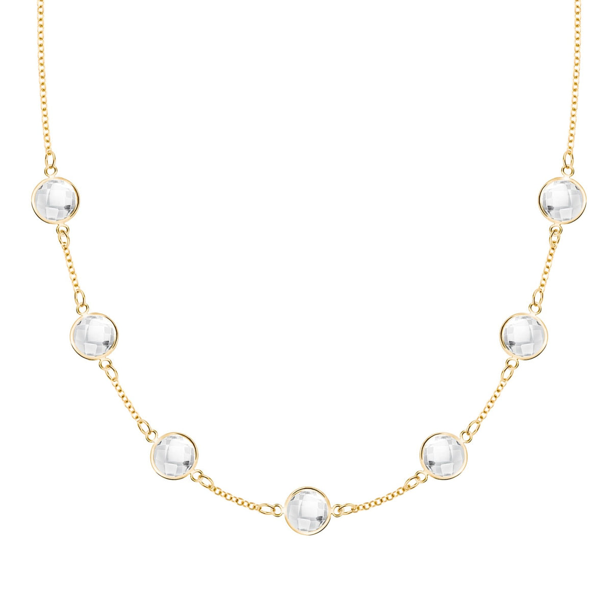 Grand 14k gold 1.17 mm cable chain necklace featuring seven 6 mm briolette cut bezel set gemstones - front view