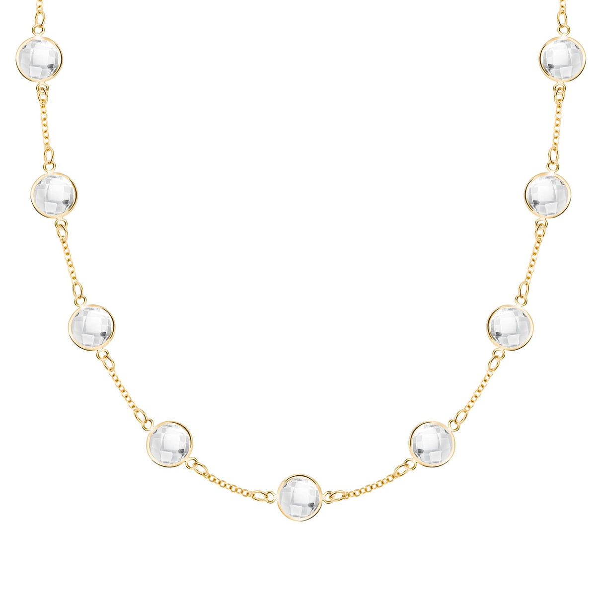 Grand 14k yellow gold 1.17 mm cable chain necklace featuring nine 6 mm briolette cut bezel set gemstones - front view