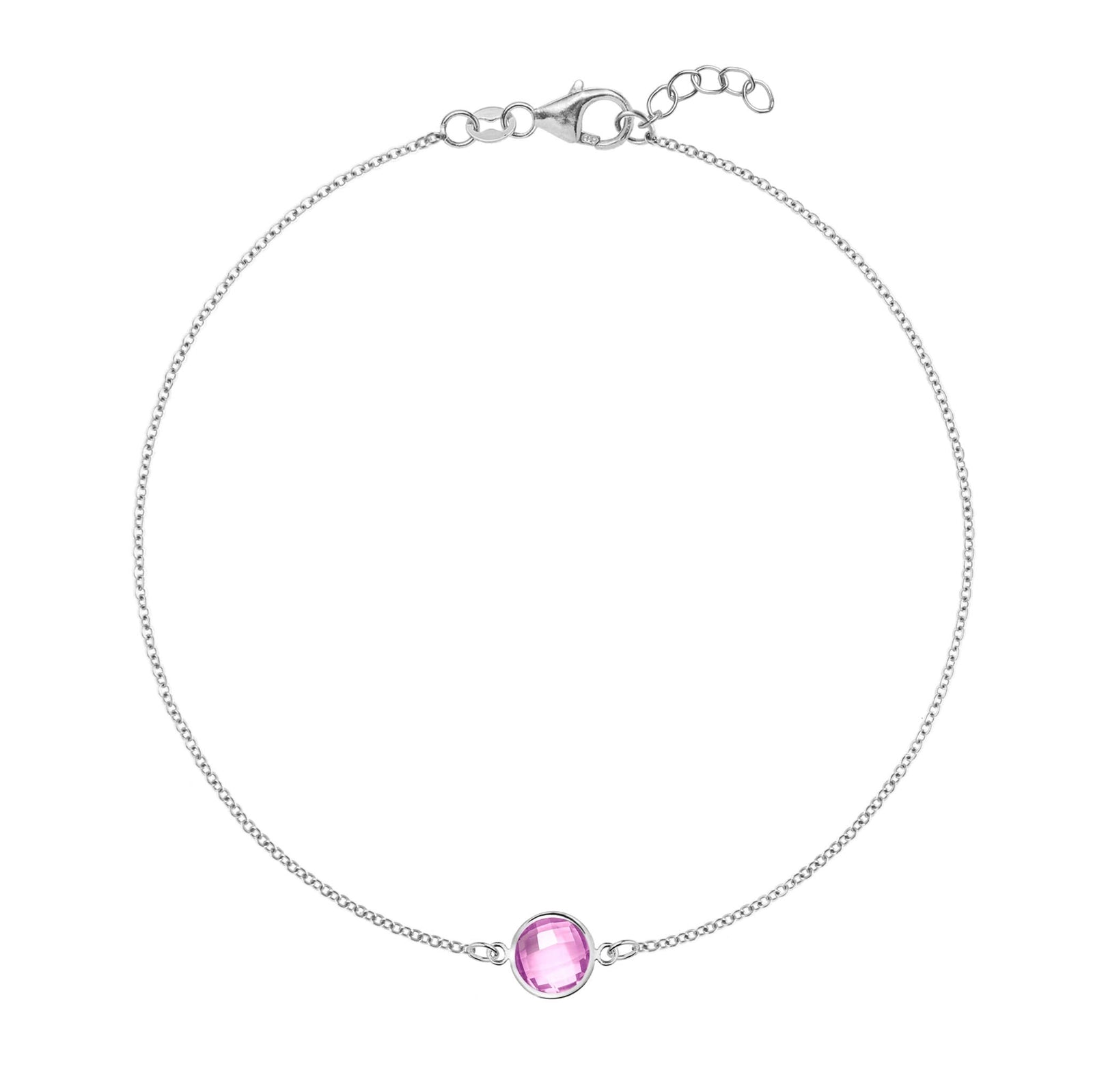 Grand 1.17 mm cable chain bracelet in 14k white gold featuring one 6 mm briolette cut bezel set pink sapphire