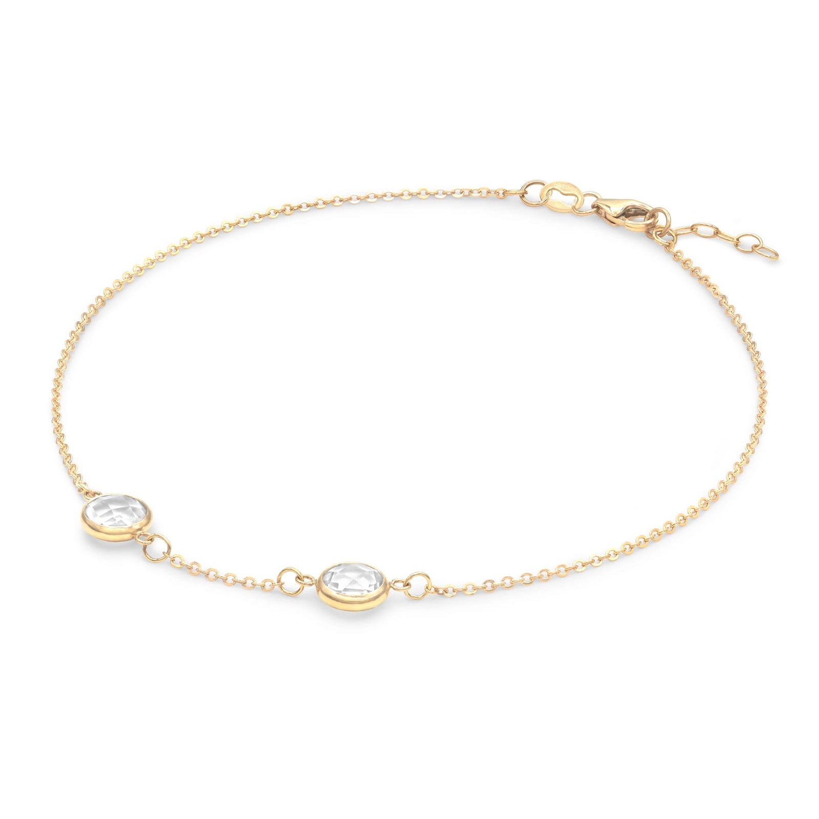 2 Grand 1.17 mm cable chain bracelet in 14k yellow gold featuring two 6 mm briolette cut bezel set gemstones - angled view