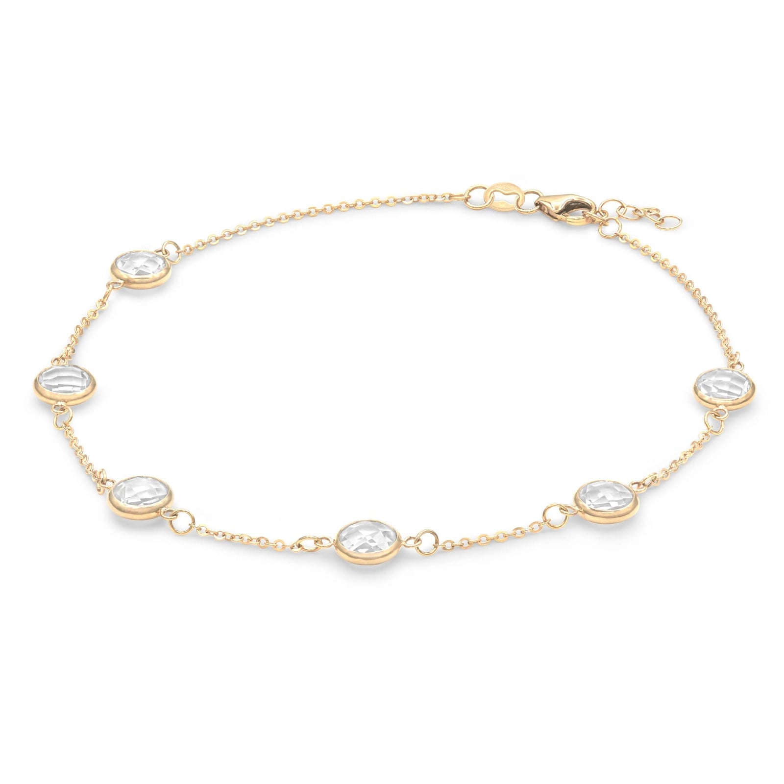 Grand 1.17 mm cable chain bracelet in 14k yellow gold featuring six 6 mm briolette cut bezel set gemstones - angled view