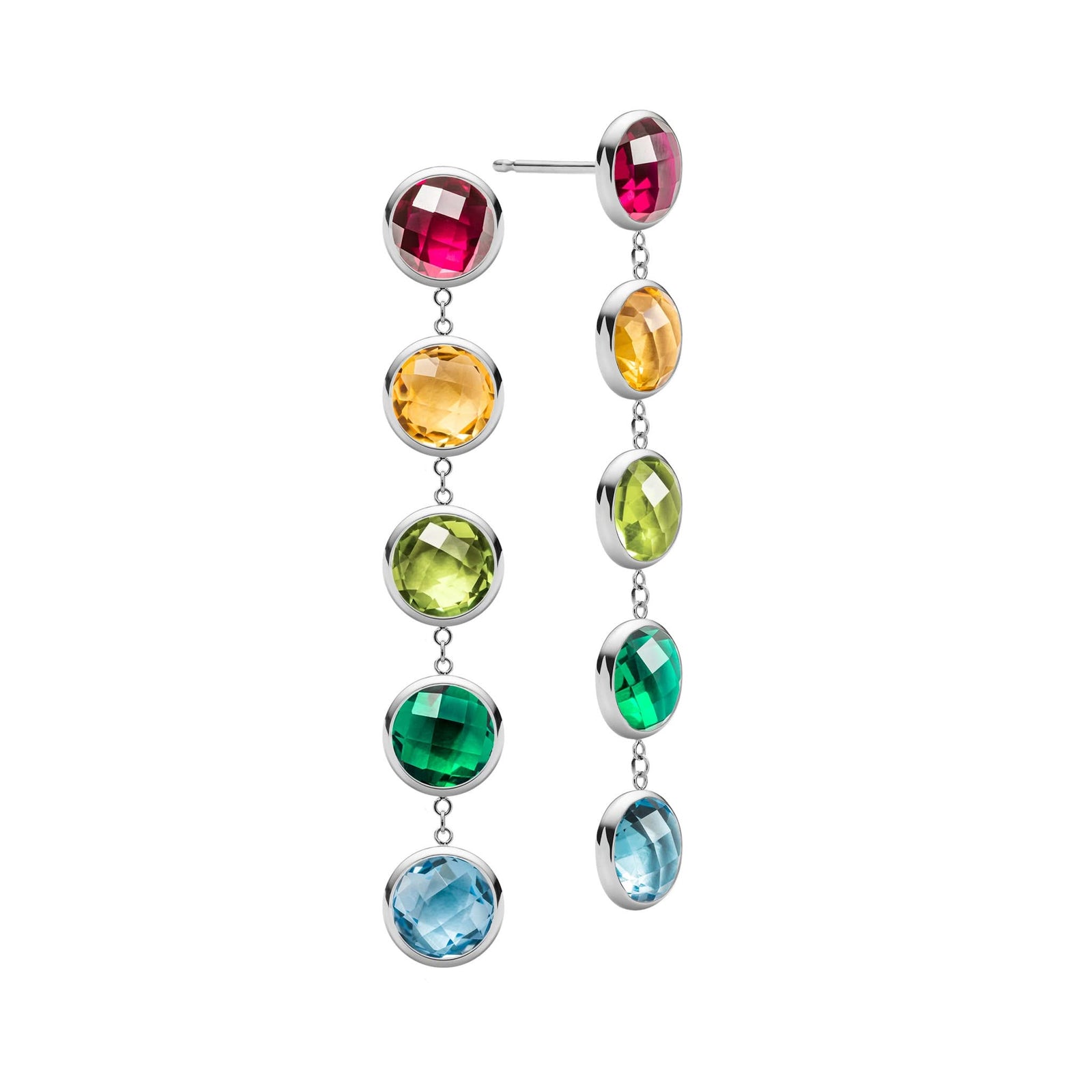 Pair of 14k white gold Grand stud earrings each featuring five 6 mm briolette cut bezel set rainbow hued gemstones