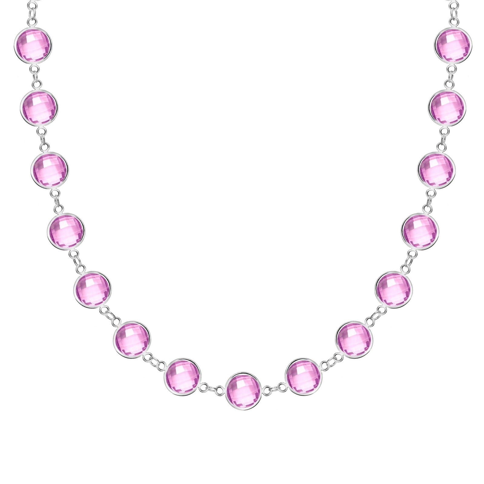 Newport Grand 14k white gold necklace featuring 6 mm briolette cut bezel set pink sapphires