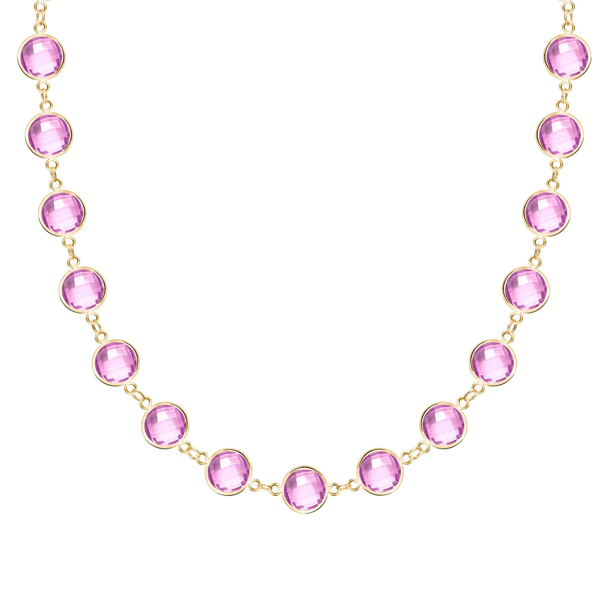 Newport Grand 14k yellow gold necklace featuring 6 mm briolette cut bezel set pink sapphires - front view