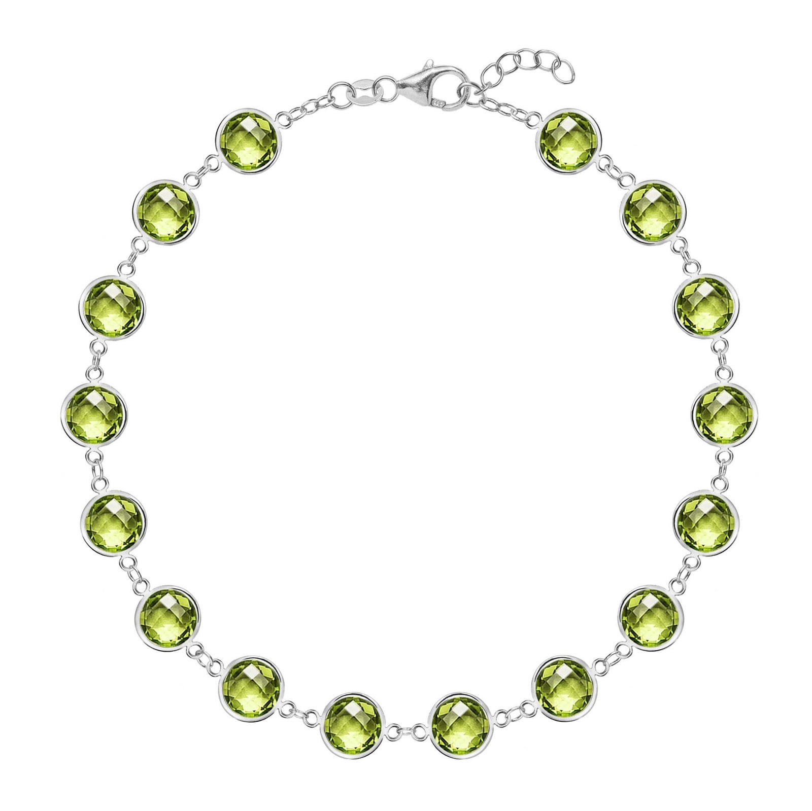 Newport Grand 14k white gold bracelet featuring sixteen 6 mm briolette cut bezel set peridots