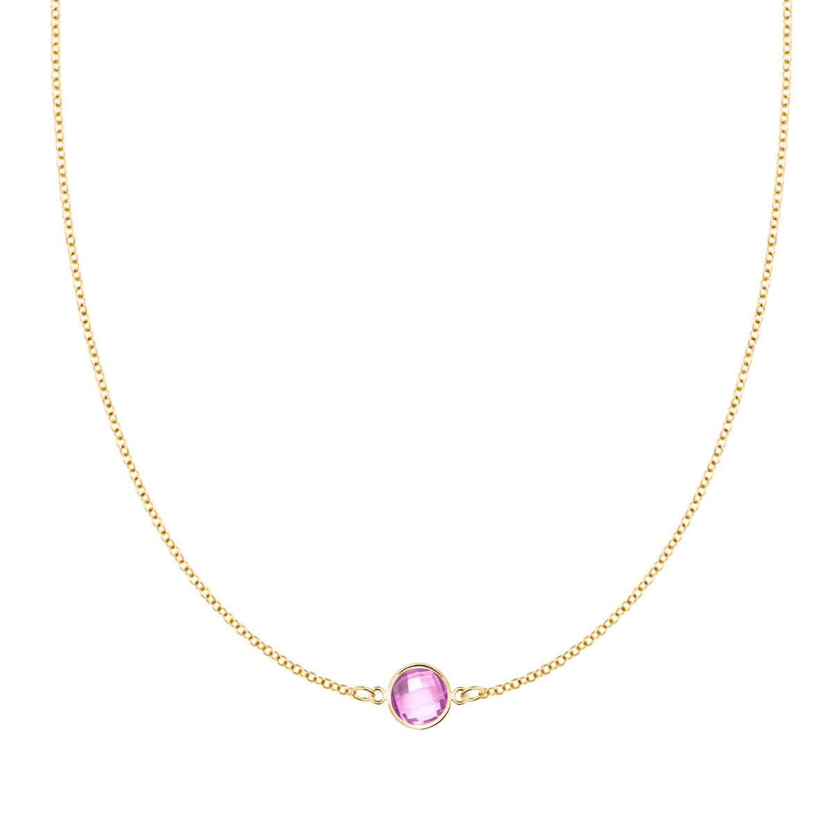 Grand 14k yellow gold 1.17 mm cable chain necklace featuring one 6 mm briolette cut bezel set pink sapphire - front view