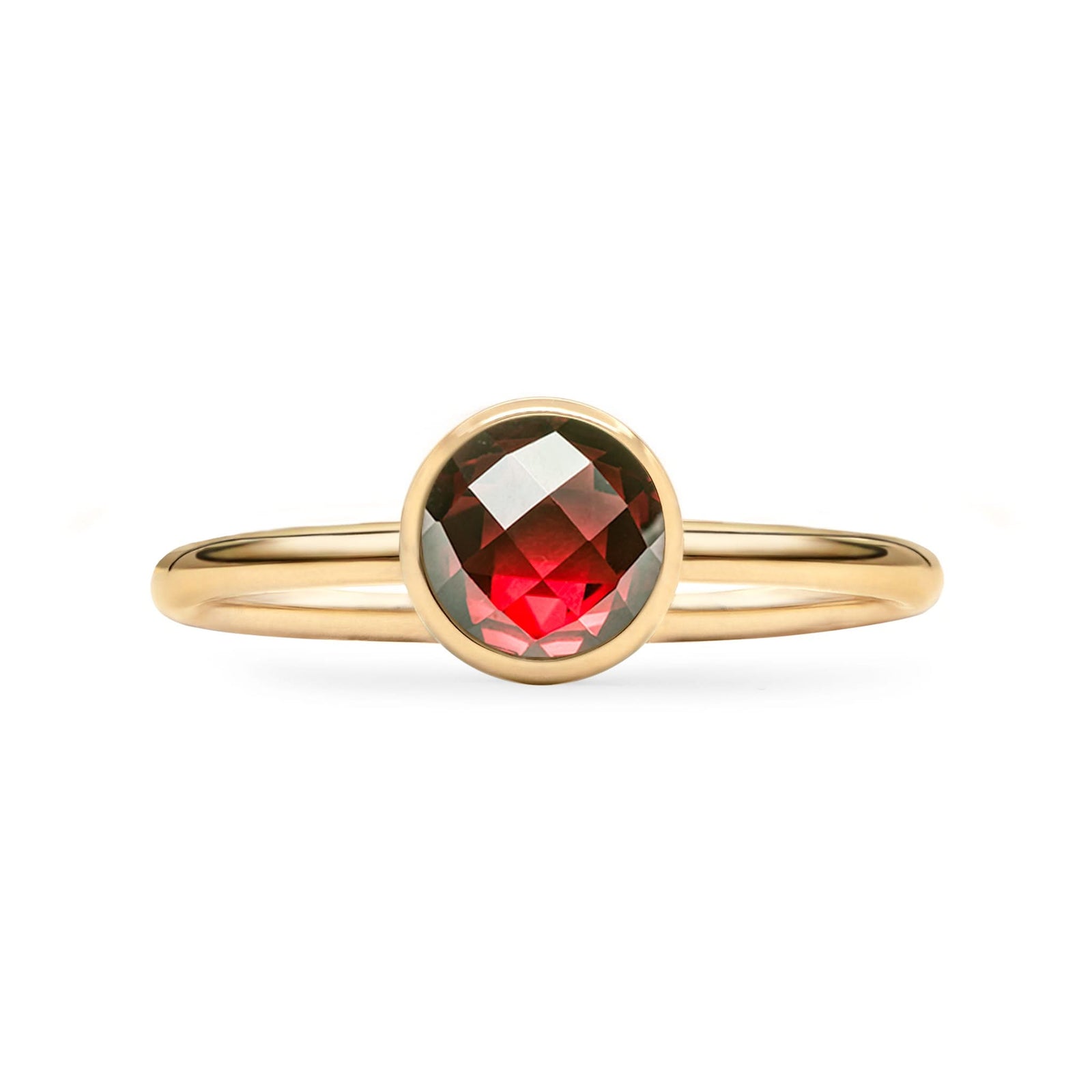 1.6 mm wide 14k yellow gold Grand ring featuring one 6 mm briolette cut bezel set garnet - front view