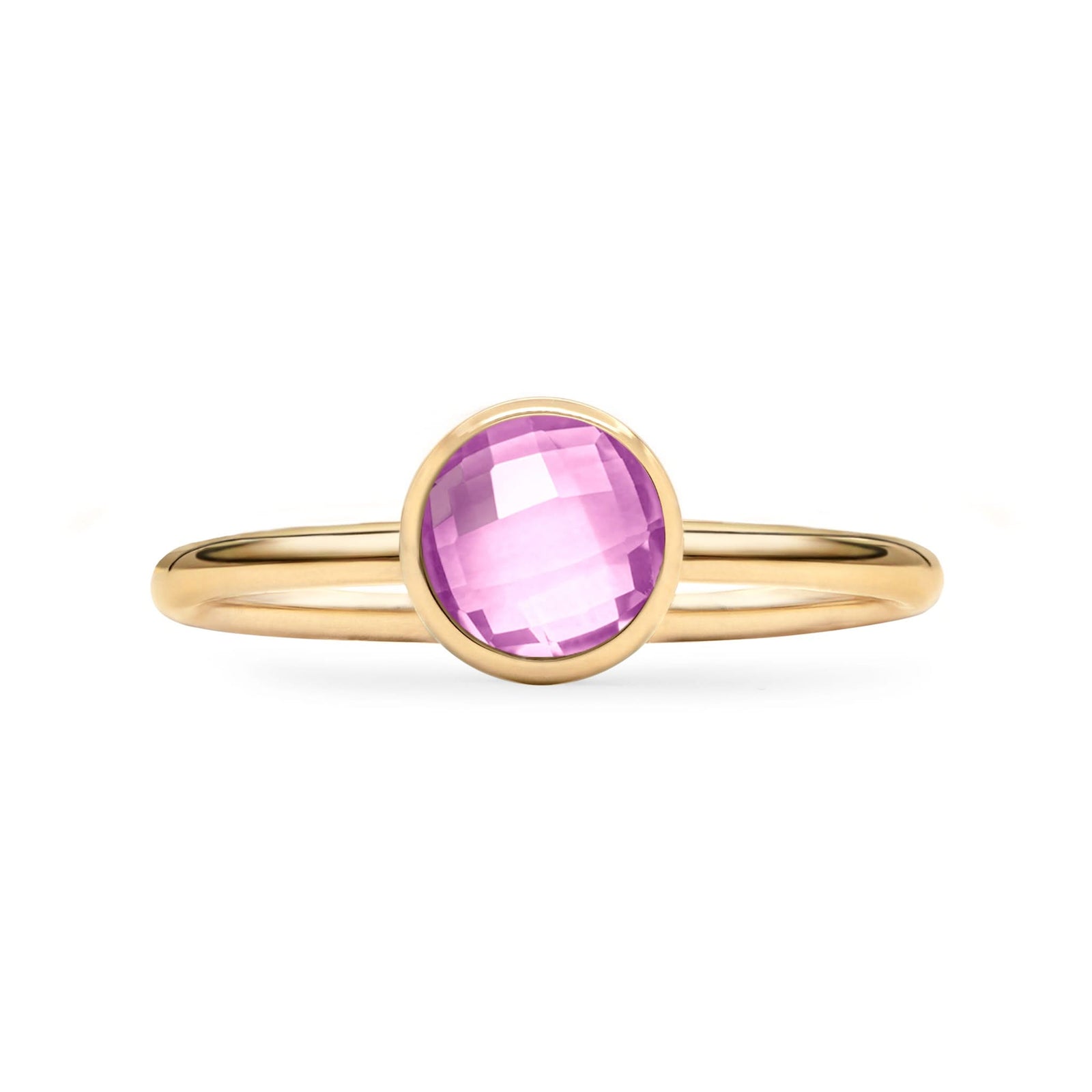 1.6 mm wide 14k yellow gold Grand ring featuring one 6 mm briolette cut bezel set pink sapphire - front view