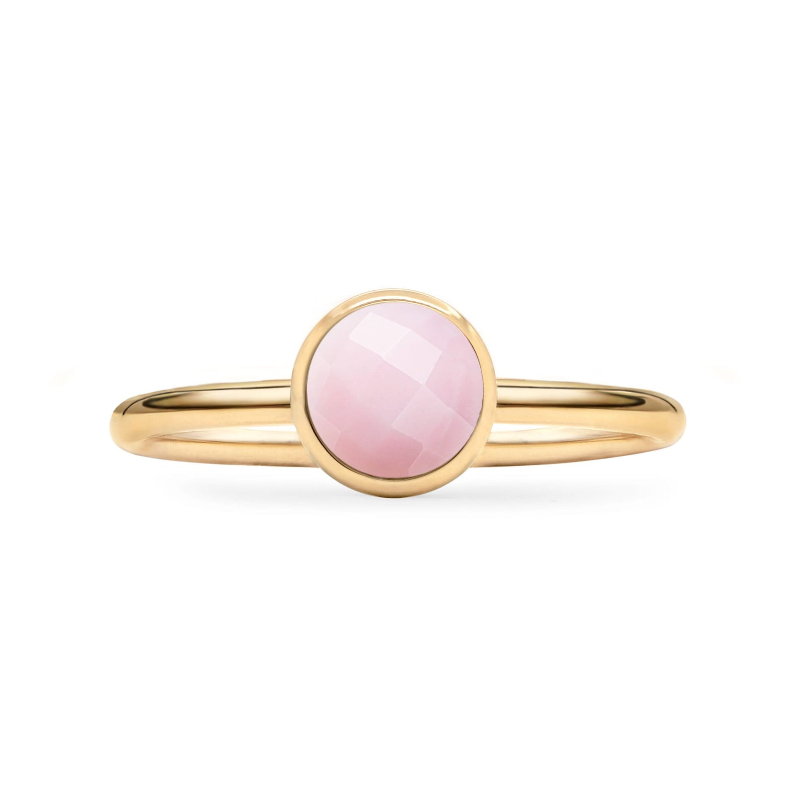 1.6 mm wide 14k yellow gold Grand ring featuring one 6 mm briolette cut bezel set pink opal - front view