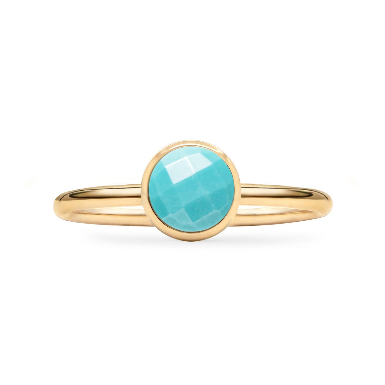 1.6 mm wide 14k yellow gold Grand ring featuring one 6 mm briolette cut bezel set turquoise - front view