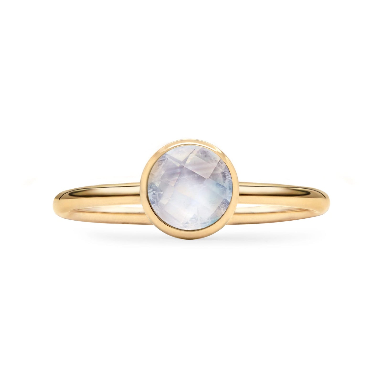 1.6 mm wide 14k yellow gold Grand ring featuring one 6 mm briolette cut bezel set moonstone - front view