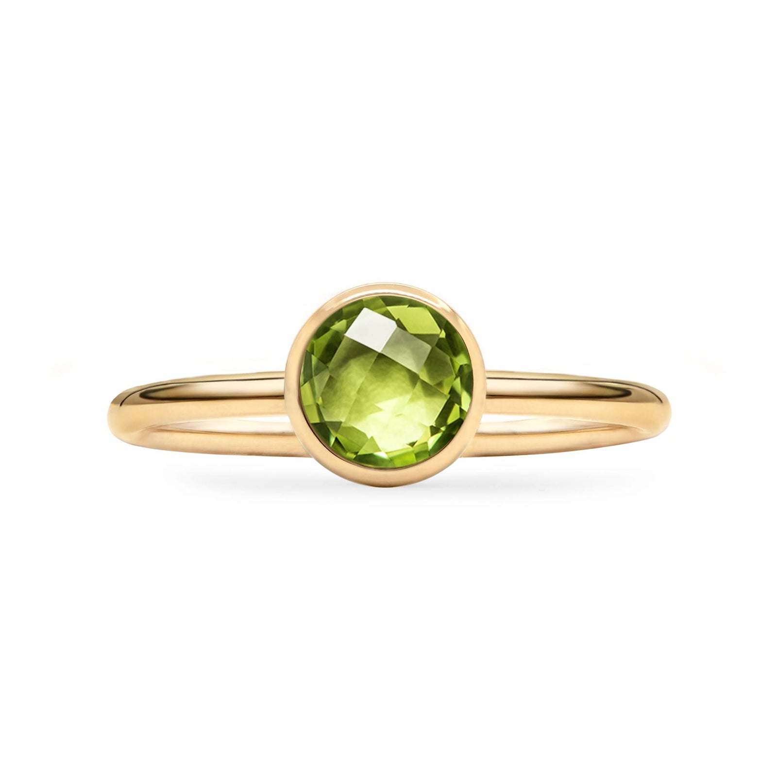 1.6 mm wide 14k yellow gold Grand ring featuring one 6 mm briolette cut bezel set peridot - front view