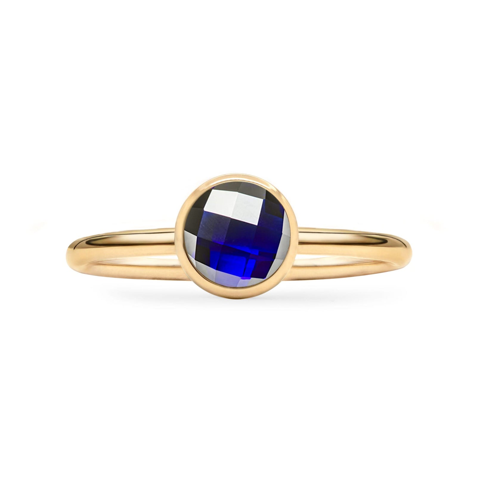 1.6 mm wide 14k yellow gold Grand ring featuring one 6 mm briolette cut bezel set sapphire - front view