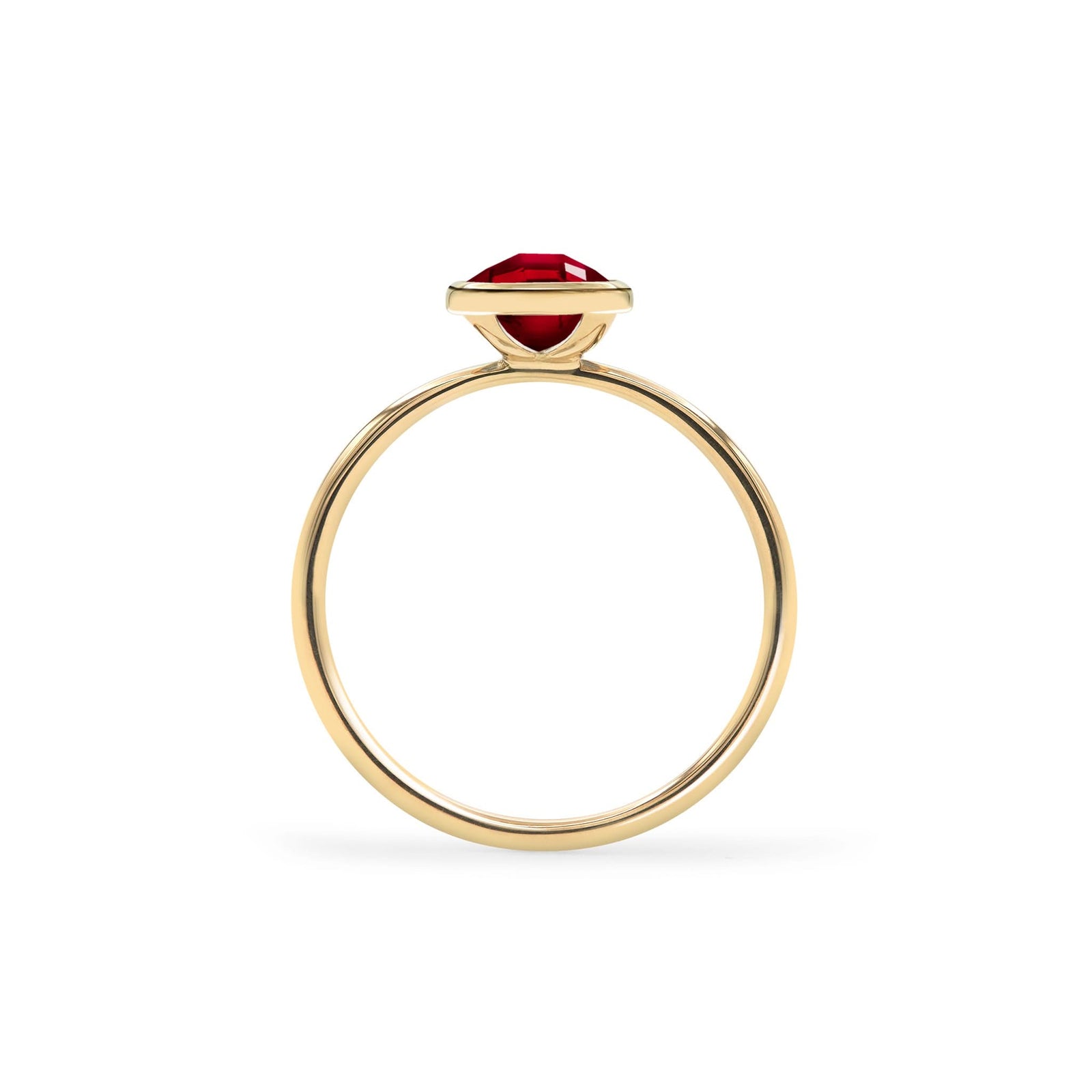 1.6 mm wide 14k yellow gold Grand ring featuring one 6 mm briolette cut bezel set garnet - standing view
