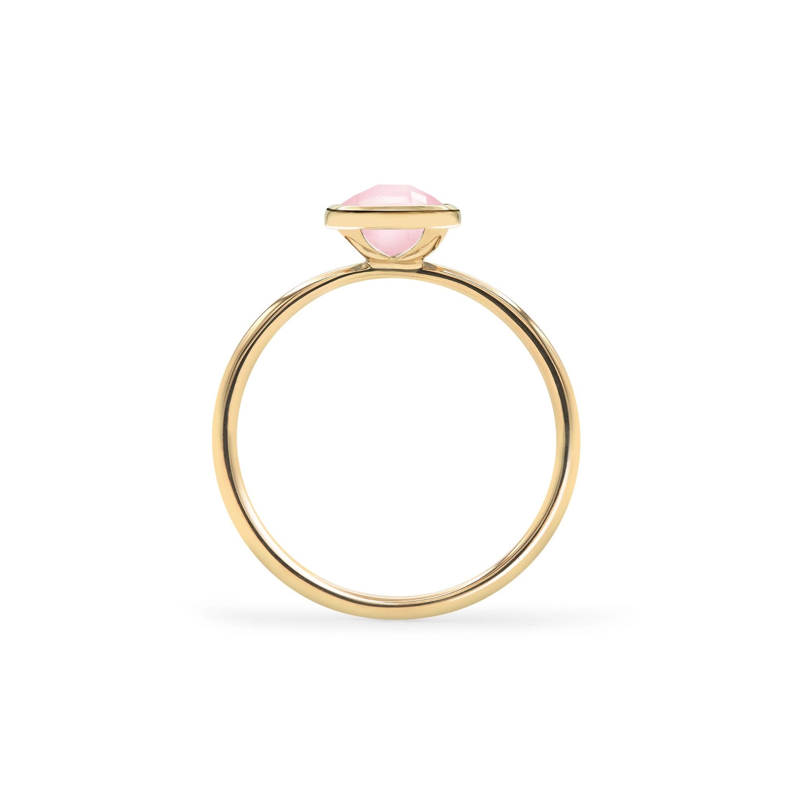 1.6 mm wide 14k yellow gold Grand ring featuring one 6 mm briolette cut bezel set pink opal - standing view