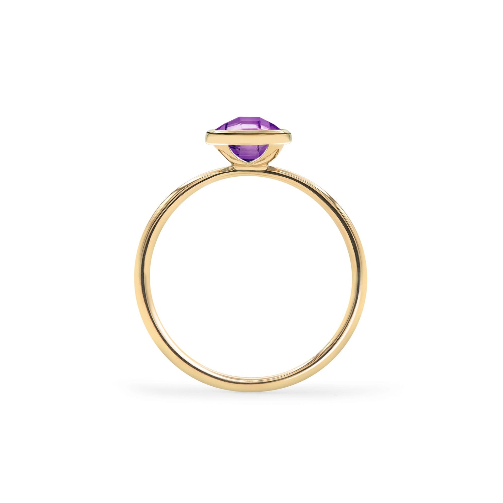 1.6 mm wide 14k yellow gold Grand ring featuring one 6 mm briolette cut bezel set amethyst - standing view