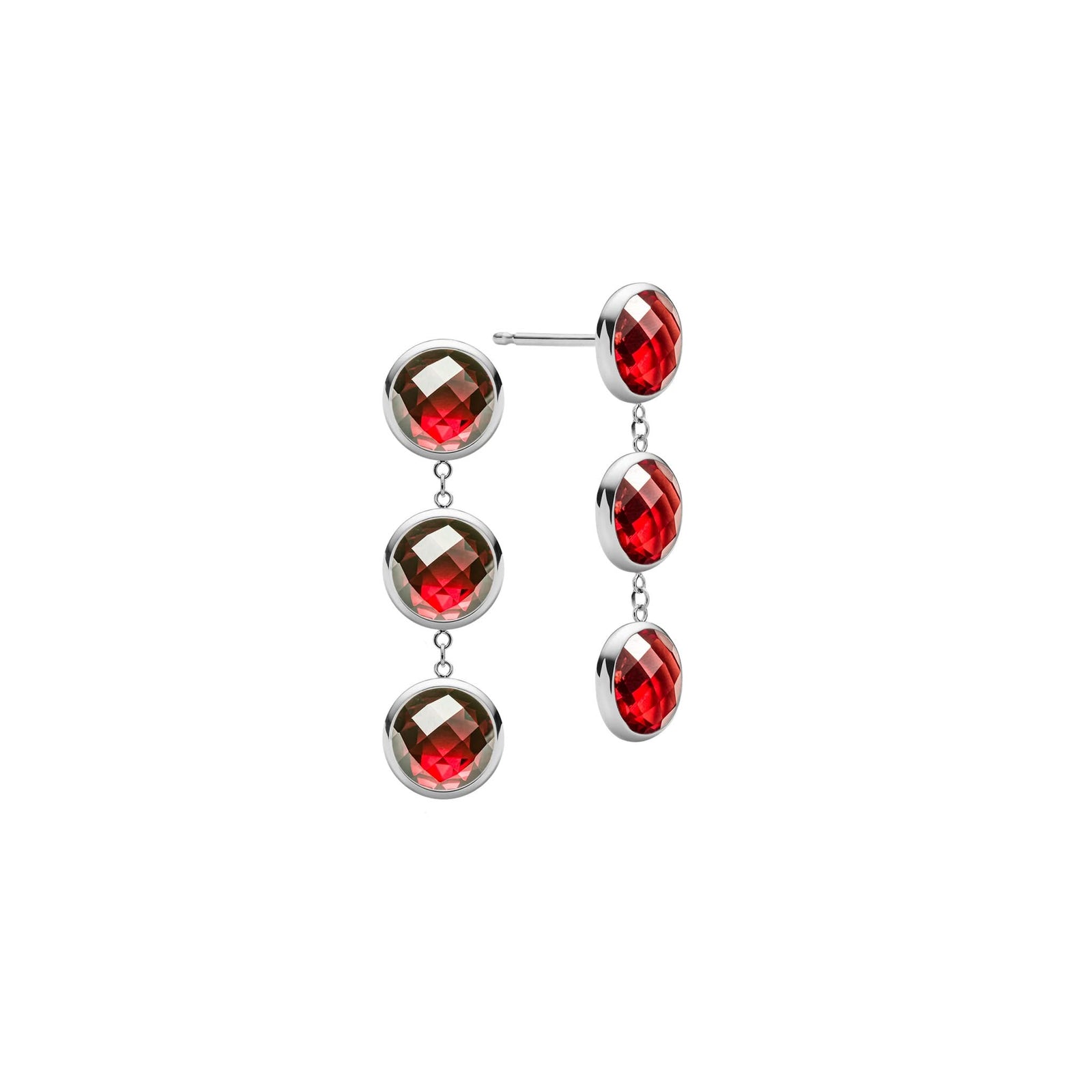 Pair of 14k white gold Grand stud earrings each featuring three 6 mm briolette cut bezel set garnets
