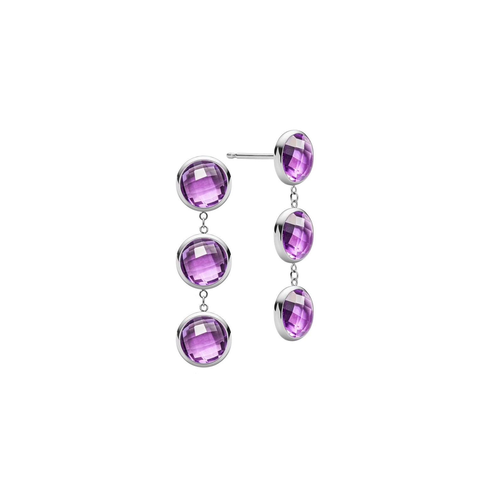 Pair of 14k white gold Grand stud earrings each featuring three 6 mm briolette cut bezel set amethysts