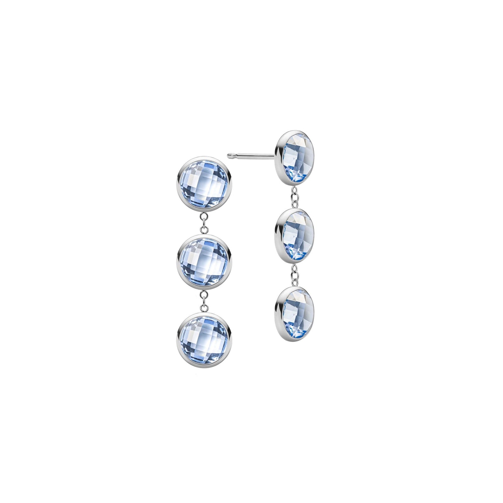 Pair of 14k white gold Grand stud earrings each featuring three 6 mm briolette cut bezel set aquamarines