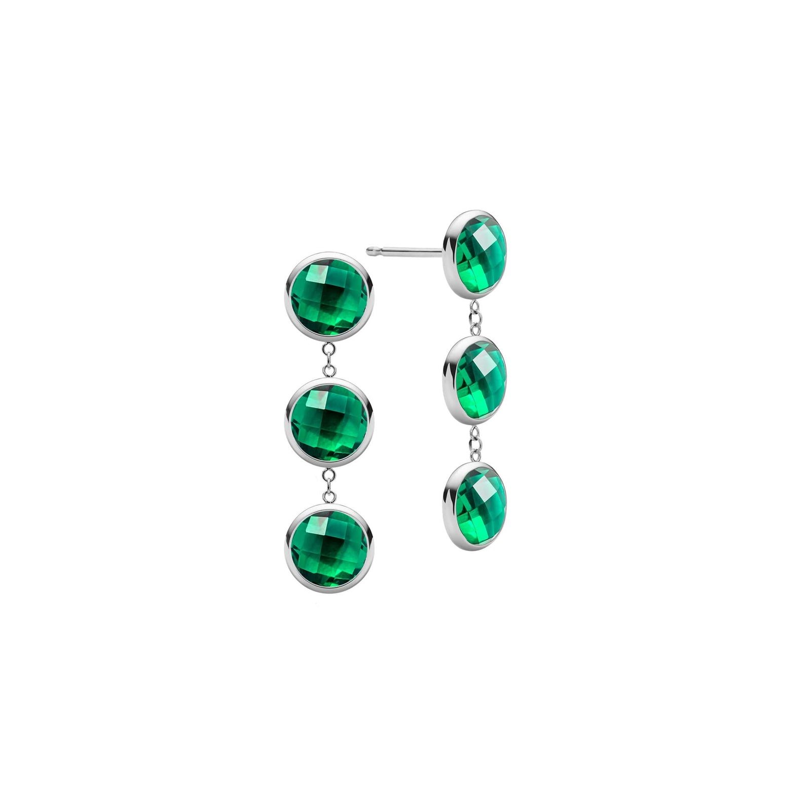 Pair of 14k white gold Grand stud earrings each featuring three 6 mm briolette cut bezel set emeralds