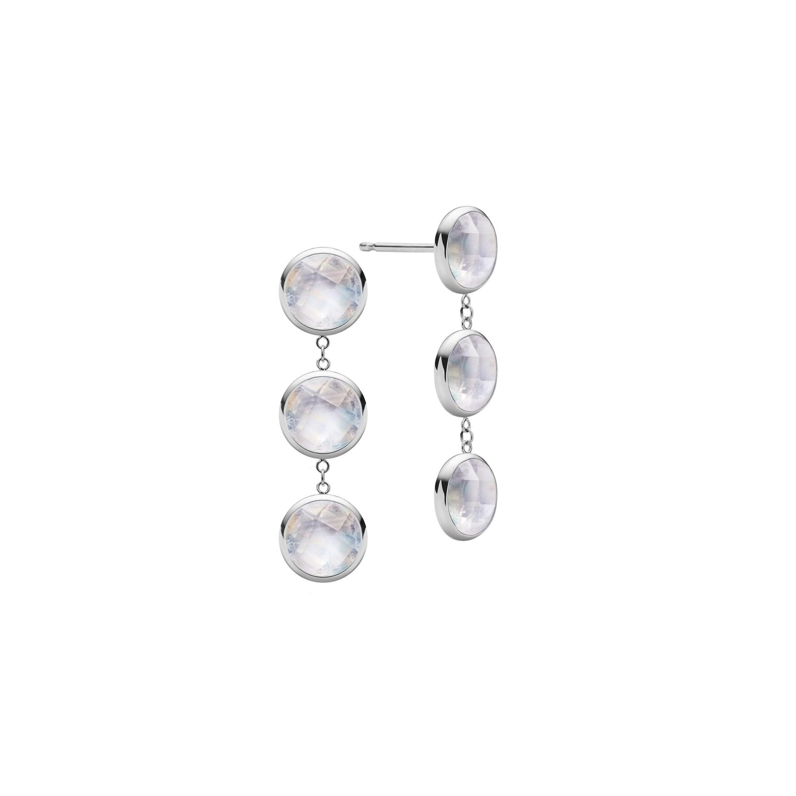 Pair of 14k white gold Grand stud earrings each featuring three 6 mm briolette cut bezel set moonstones