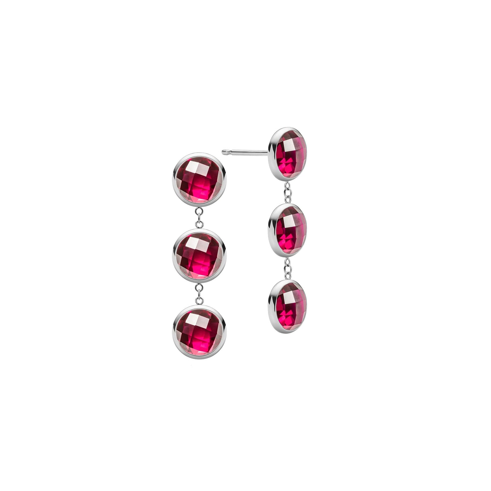 Pair of 14k white gold Grand stud earrings each featuring three 6 mm briolette cut bezel set rubies