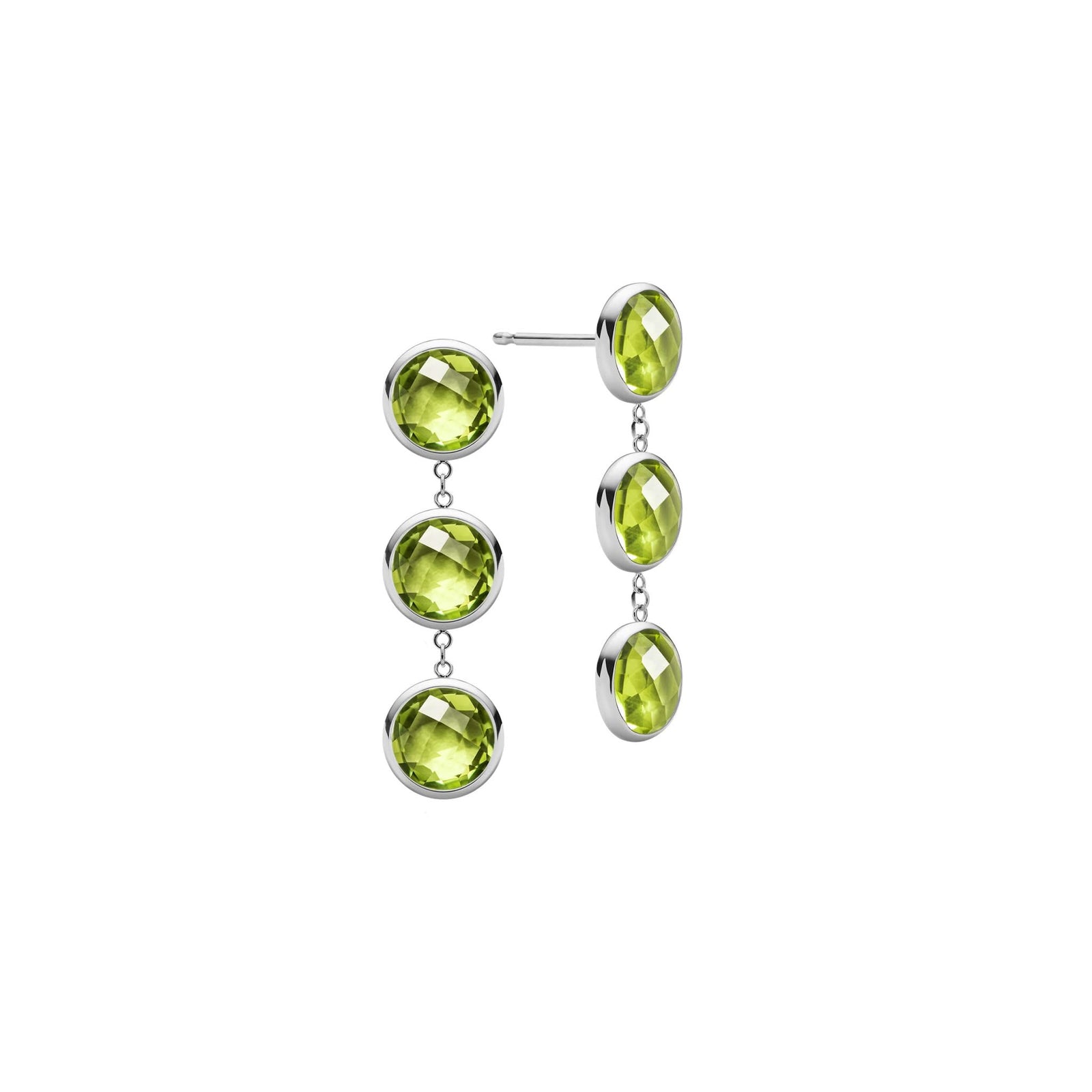 Pair of 14k white gold Grand stud earrings each featuring three 6 mm briolette cut bezel set peridots