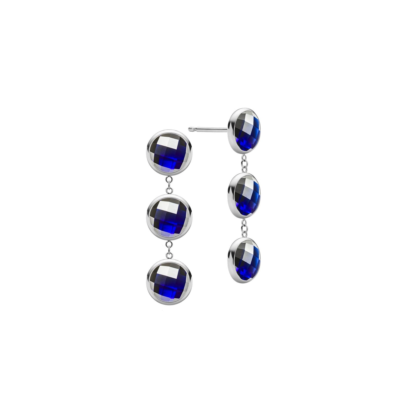 Pair of 14k white gold Grand stud earrings each featuring three 6 mm briolette cut bezel set sapphires