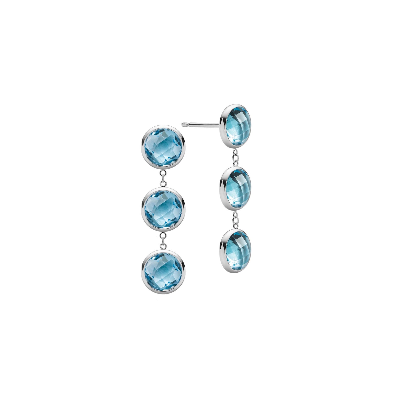 Pair of 14k white gold Grand stud earrings each featuring three 6 mm briolette cut bezel set Nantucket blue topaz
