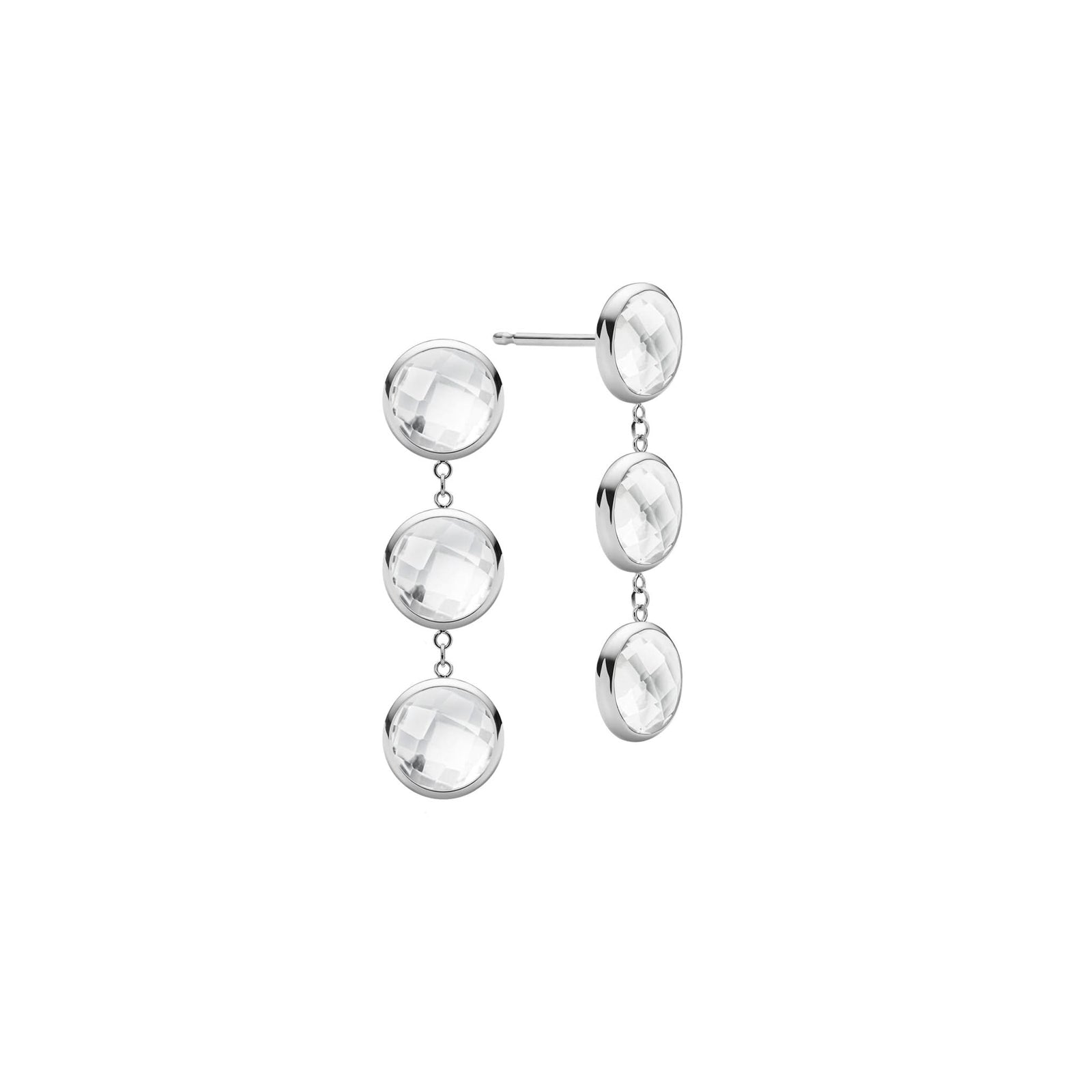 Pair of 14k white gold Grand stud earrings each featuring three 6 mm briolette cut bezel set white topaz