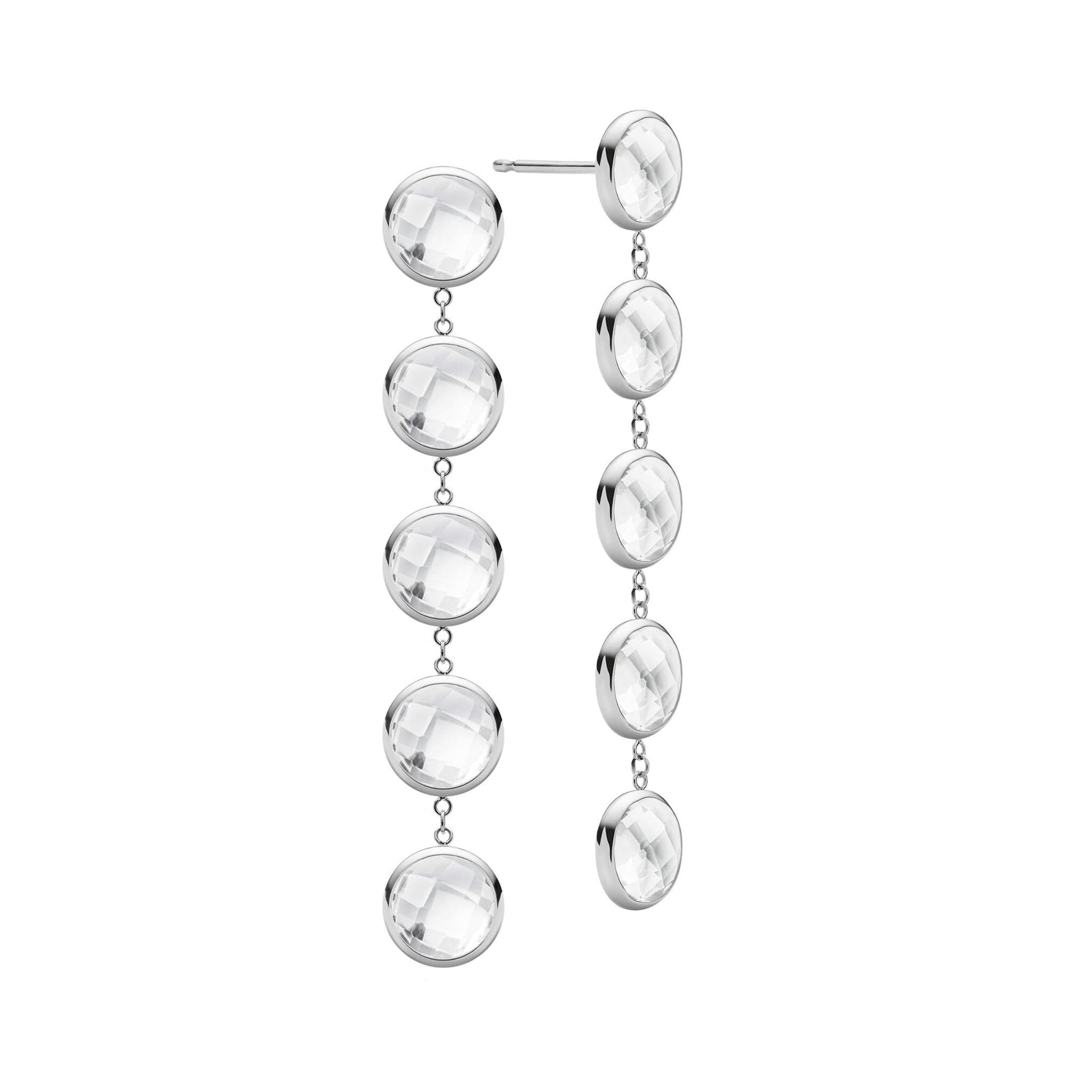 Pair of 14k white gold Grand stud earrings each featuring five 6 mm briolette cut bezel set white topaz