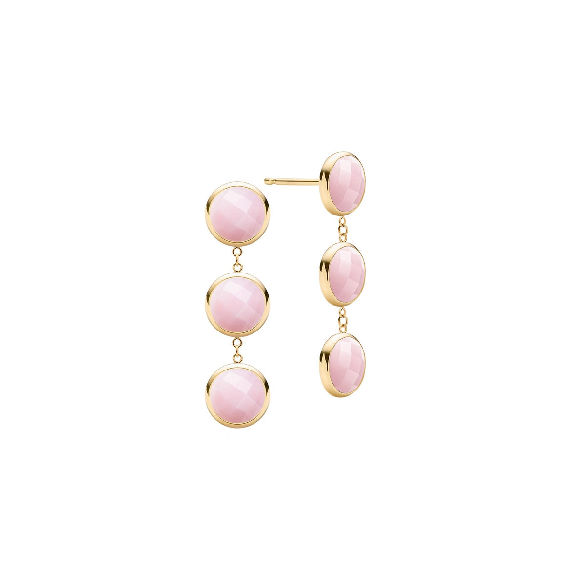 Pair of 14k yellow gold Grand stud earrings each featuring three 6 mm briolette cut bezel set pink opals - front view